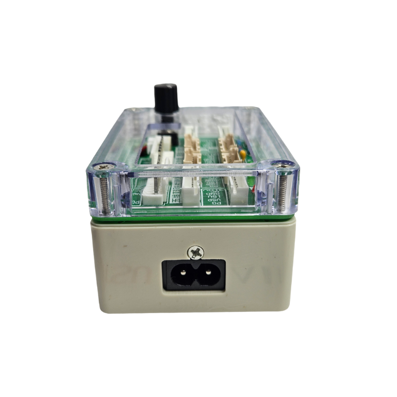 Testador de motor BLDC portátil com potenciômetro e LEDs indicadores, mostrando as conexões para um motor de 5 fios.