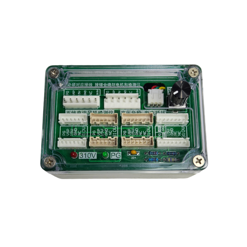 Testador de motor BLDC portátil com potenciômetro e LEDs indicadores, mostrando as conexões para um motor de 5 fios.