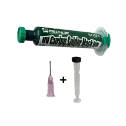 Seringa de 10cc da Tinta Máscara de Solda UV Mechanic verde, pronta para aplicação em uma placa de circuito impresso.